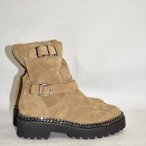 $230 VINCE CAMUTO MESSTIA SUEDE BUCKLES MOTO BOOT SILVER CHAIN BROWN 6.5 (MG27)